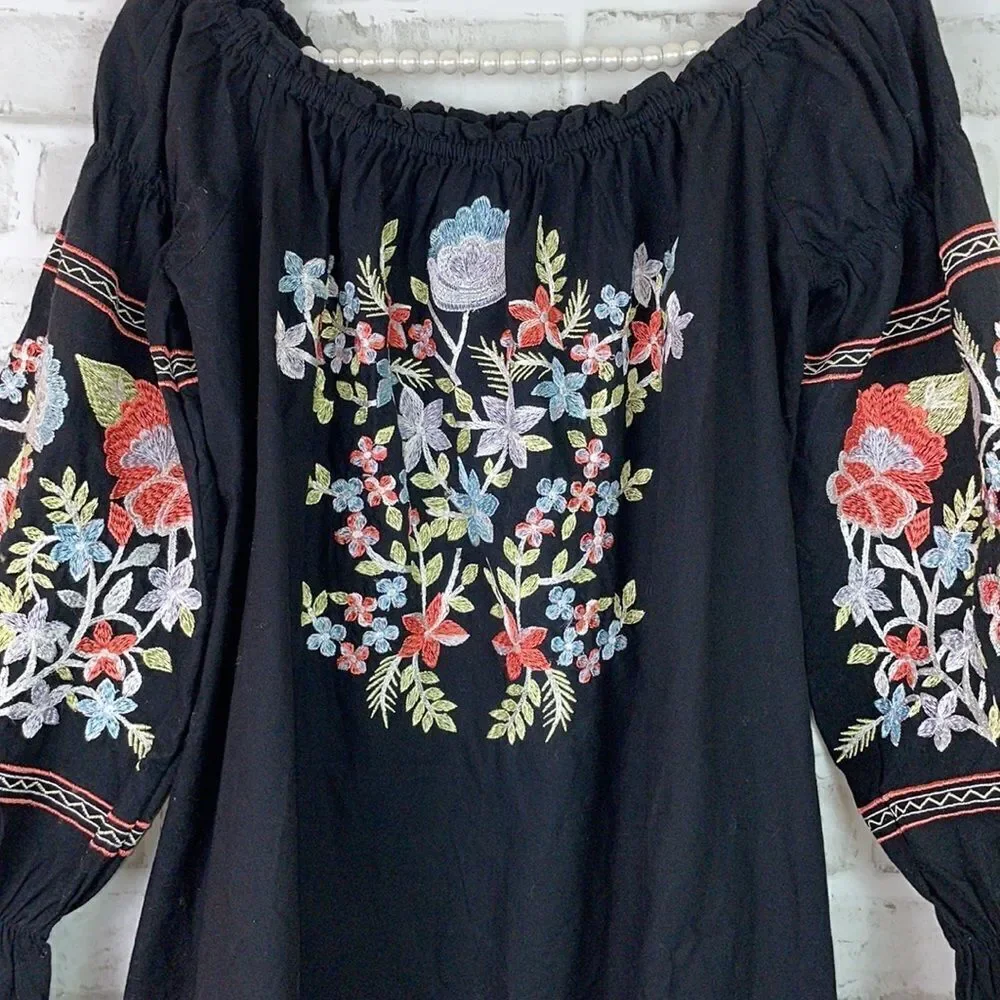 Free People Fluer Du Jour Black Dress Floral Multicolor Embroidery Med